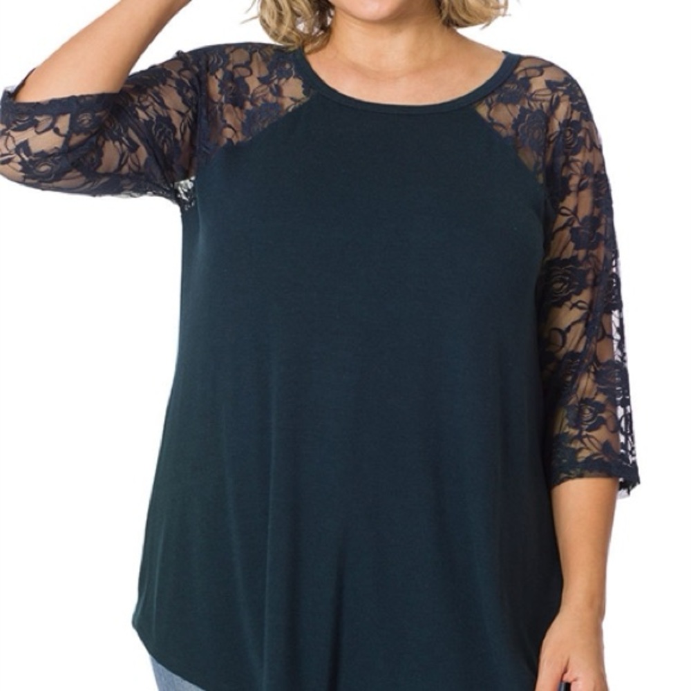 Navy plus size top with lace sleeve. NWOT